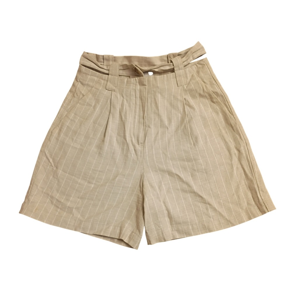 Pull&Bear Pinstripe Pleated Shorts Womens 2 Beige High Waist Belted Summer
